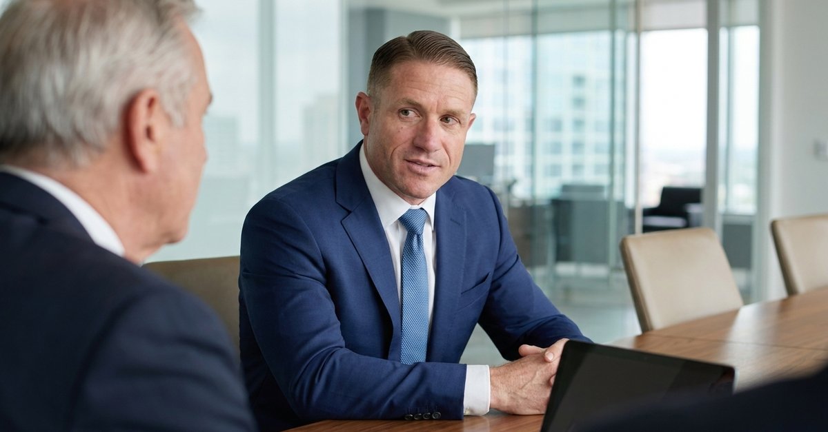 J. Michael in conversation across a boardroom table