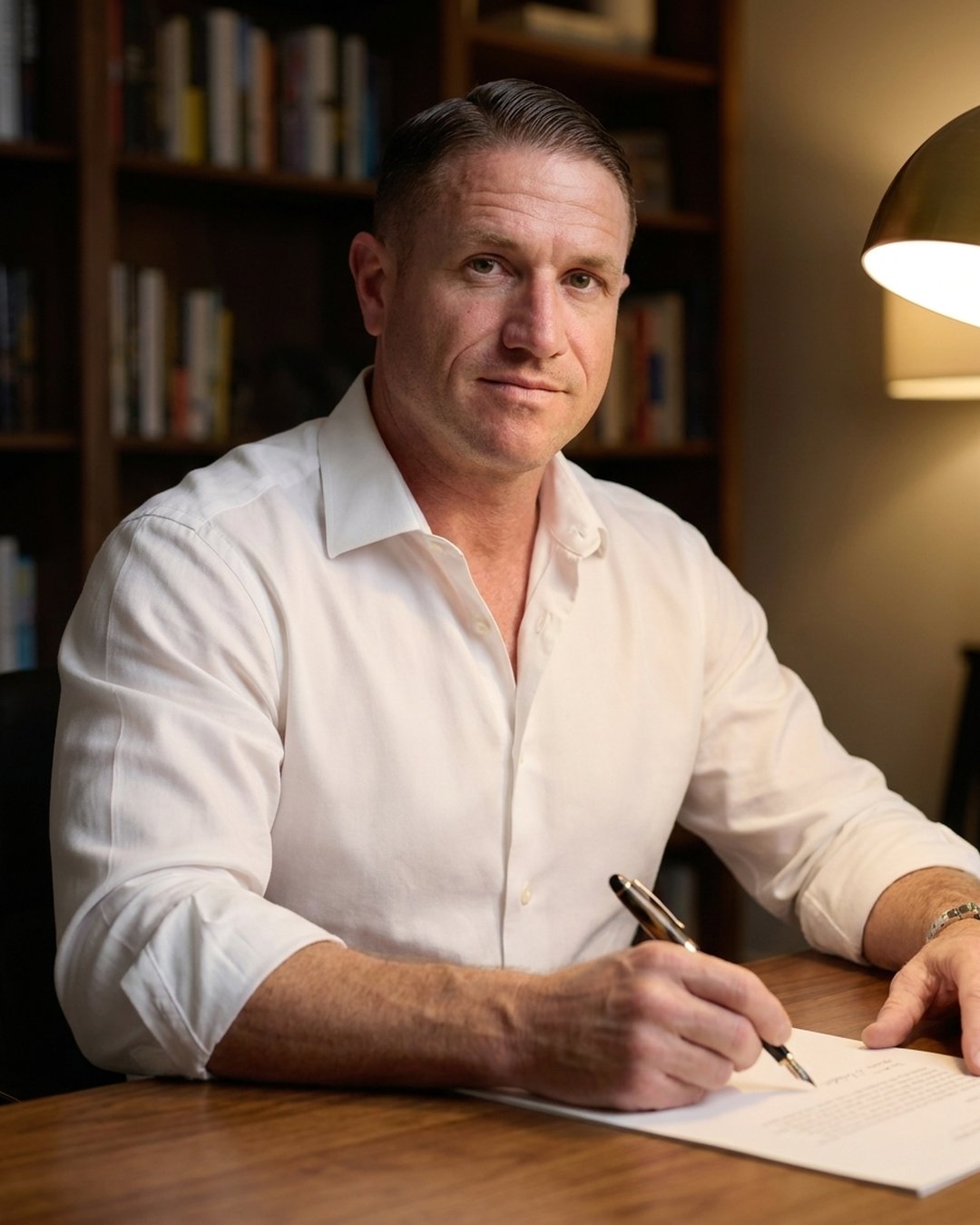J. Michael writing the weekly letter at his desk